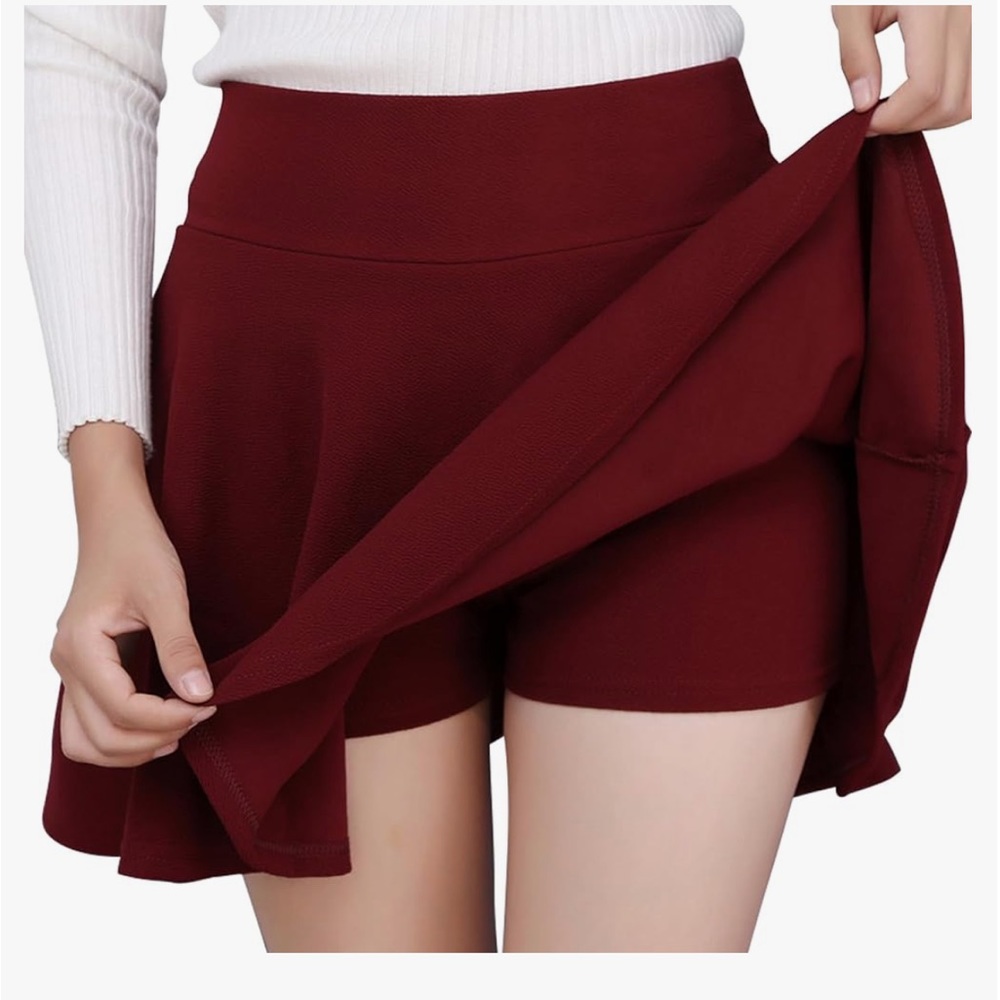 Maroon Flare A line skater skirt with high waist and concealed built-in shorts